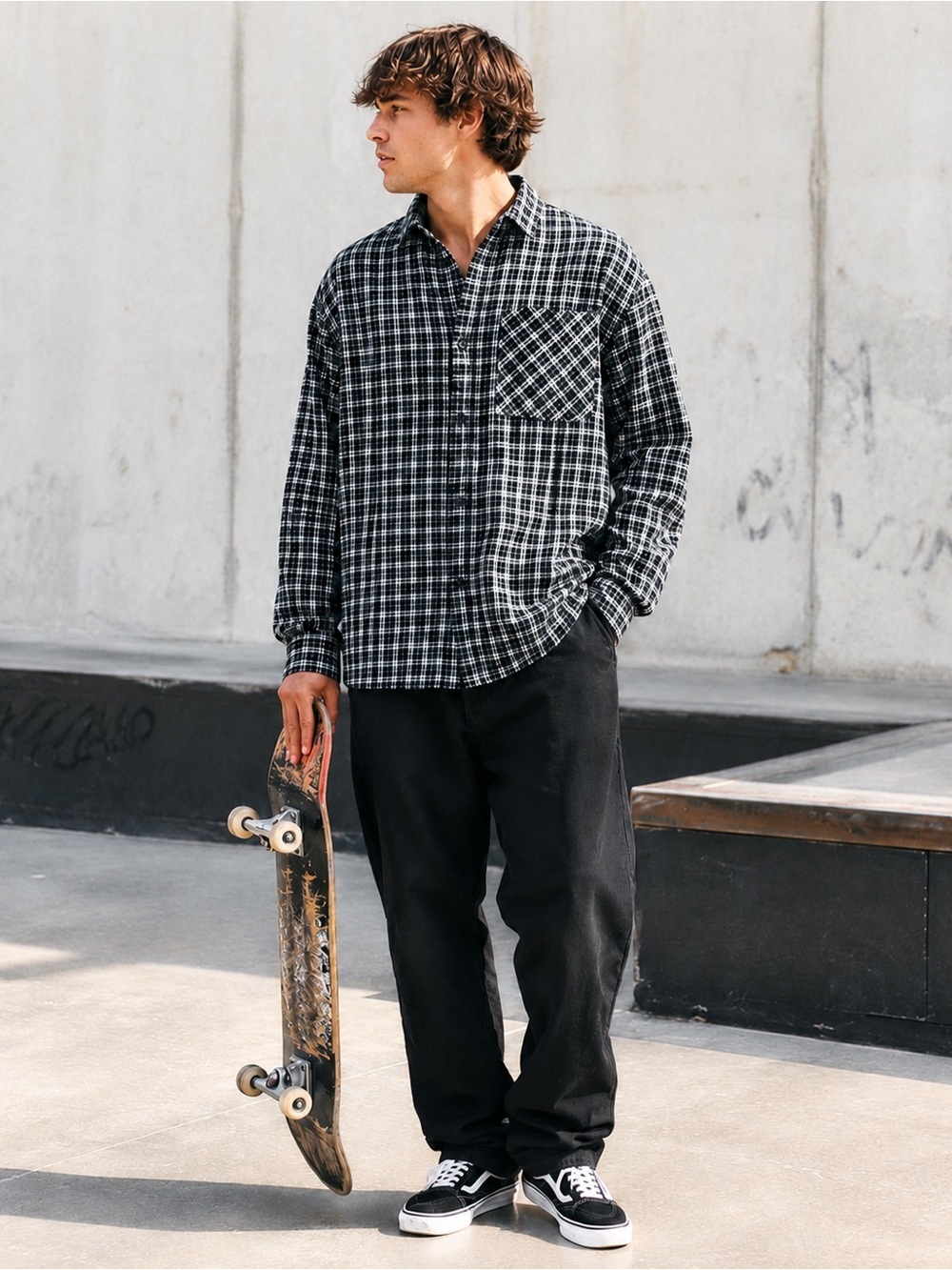 No Boundaries Men's Large Oversized Black Soot Plaid Flannel Shirt Soft Skater